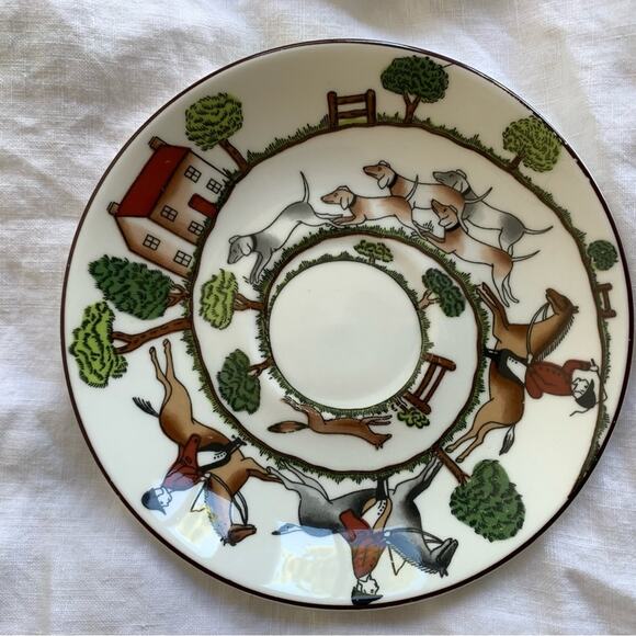 Set of 4 Straffordshire Hunting Scene Cottage Coastal Small Plate Saucer - Picture 4 of 6